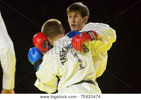 NOVOSIBIRSK, RUSSIA - NOVEMBER 8, 2014: Taekwondo match Adlan Bisayev (red gloves) vs Evgeny Otsimik during the Friendship Cup. The competitions include 10 kinds of martial arts