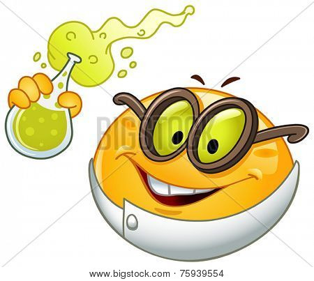 Yellow ball holding a beaker full with bubbly fluid