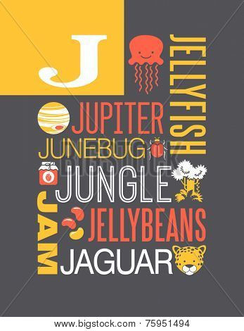 Letter J words typography illustration alphabet poster design