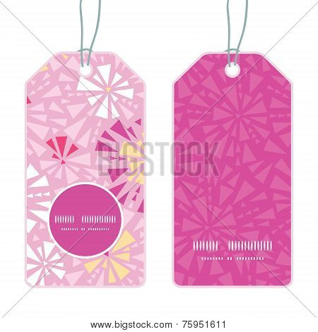 Vector pink abstract triangles vertical round frame pattern tags set