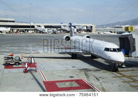 United Express Canadair CRJ-700 plane at the gate in San Francisco International Airport