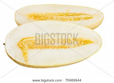 Two Halves Uzbek-russian Melon Isolated On White
