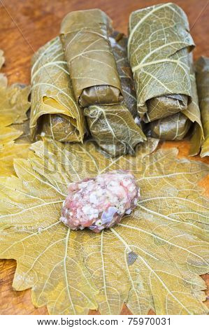 Preparation Dolma From Grape Leaves, Mince, Rice