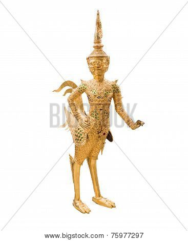 Golden Kinnari Statue At Temple,wat Phra Kaew In Grand Palace, Bangkok Thailand.
