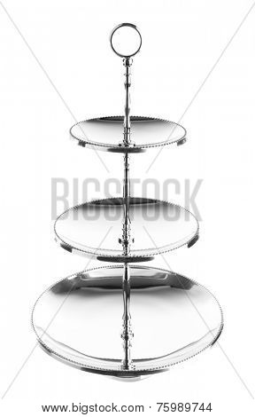 Three tiered silver serving tray isolated on white
