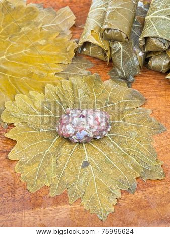 Cooking Of Dolma From Grape Leaves, Mince, Rice