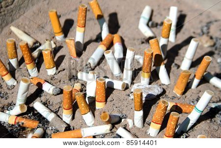 Cigarettes In Outdoors Ashtray With Sand Closeup Image