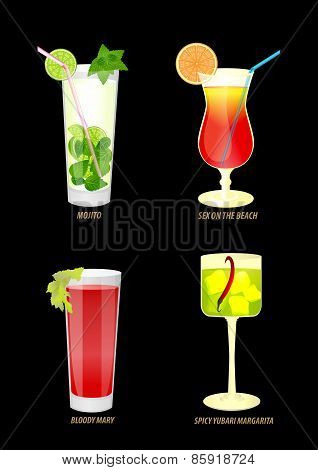Illustration Of Popular Cocktails On A Dark Background.