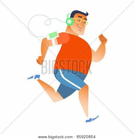 Fat Man Does Running Listening Music Player Headphones