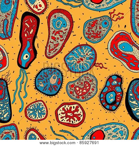 Amebas, bacteria or microbial lifeforms seamless pattern