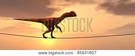 Concept or conceptual abstract business metaphor as wild heavy dinosaurus balancing on rope over sunset sky background banner