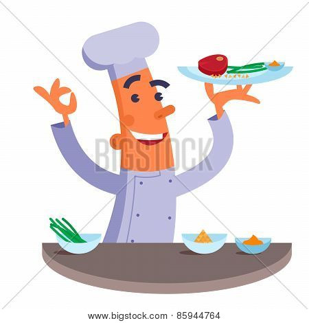 Cartoon chef holding plate with meat steak