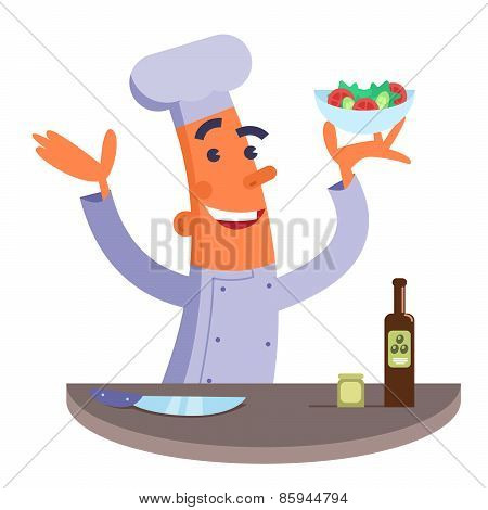 Cartoon chef holding plate with salad