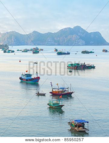 Dreamy seascape with authentic colourful boats