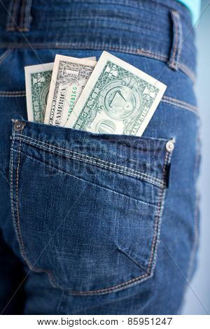 One Dollars Banknotes In A Pocket Of Jeans