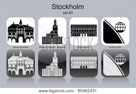 Landmarks of Stockholm. Set of monochrome icons. Editable vector illustration.