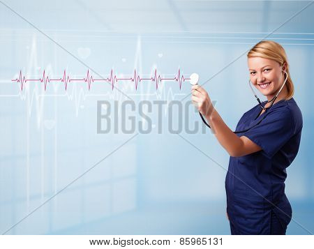 Pretty young medical doktor listening to red pulse and heart rates