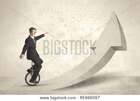 Happy business man riding a monocycle up on an arrow concept