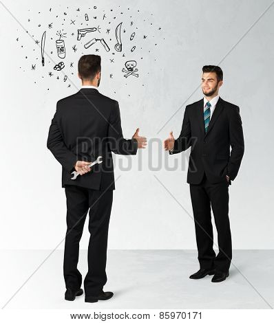 Ruthless businessman handshake with hiding a weapon and weapon symbols around his head
