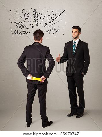 Ruthless businessman handshake with a hiding weapon and drawn curly lines around his head