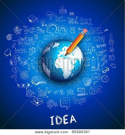 Infographic teamwork and brainstorming with Sketches. A lot of design elements are included: computers, mobile devices, desk supplies, pencil,coffee mug, hand drawn stuff, sheets,documents and so on
