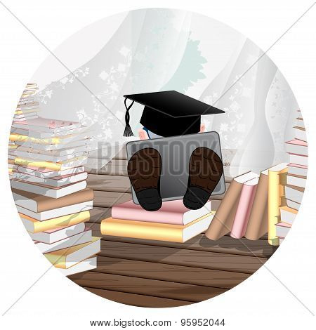 Student with laptop studying in the library