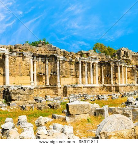 Ancient Ruins Of Nymphaeum Fountain Roman Empire, Side, Turkey, Travel Background