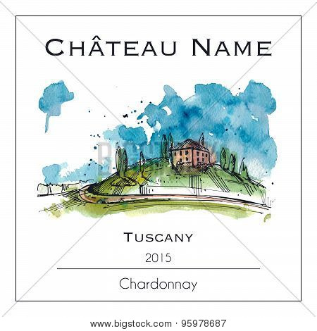 Wine Lable With A Watercolor Illustration Of Tuscany