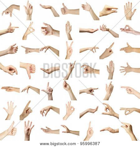Collage of  hands showing different gestures, isolated on white