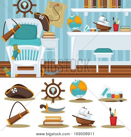 Boys room bedroom Child interior for boy. furniture and toys. Playroom for kid in flat style. Vector illustration