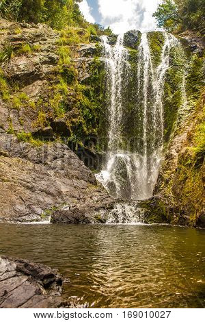 beautiful water fall in forest, new zealand, waipu, piroa falls