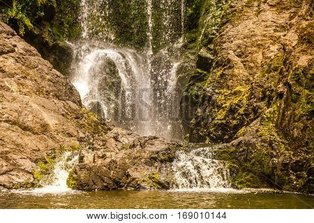 beautiful water fall in forest, new zealand, waipu, piroa falls