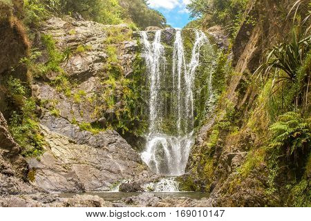 beautiful water fall in forest, new zealand, waipu, piroa falls