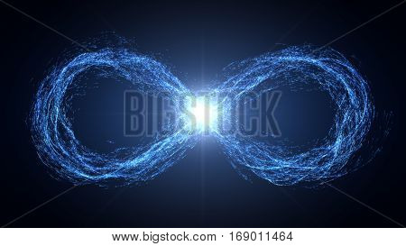 endless loop of moving energy particles. infinity symbol with energy trails. blue version.