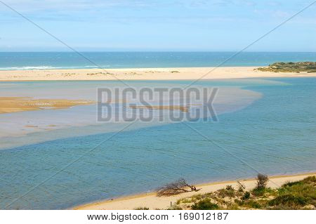 The Snowy River flows into the Bass Strait near Marlo in Victoria, Australia
