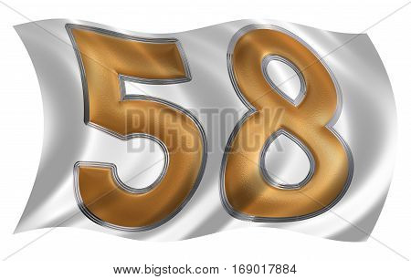 In The Wind Fluttering The Flag With Numeral 58, Fifty Eight, Isolated On White Background, 3D Rende