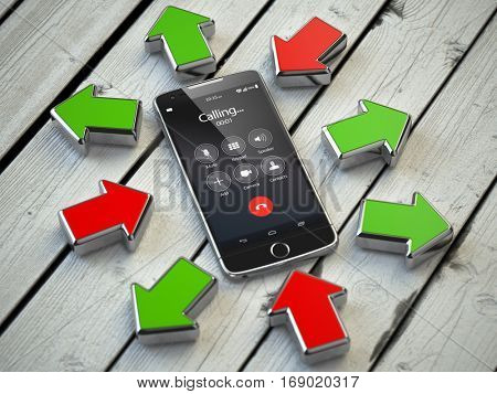 Incoming and outgoing calls, syncronization. Mobile phone and arrows. Communication technology concept. 3d illustration