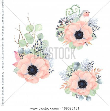 Floral decorations with flowers Anemones, leaves, branches, wild Privet Berry and Robin bird, vector floral illustration in vintage watercolor style.