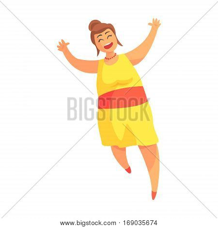 Happy Plus Size Woman In Yellow Summer Dress Running, Enjoying Life, Smiling Overweight Girl Cartoon Characters Flat Vector Illustration With Pleasantly Plump Cute Lady On White Background.