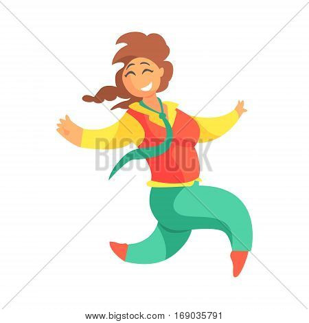 Happy Plus Size Woman In Red Vest And Green Pants With tie Running, Enjoying Life, Smiling Overweight Girl Cartoon Characters Flat Vector Illustration With Pleasantly Plump Cute Lady On White Background.