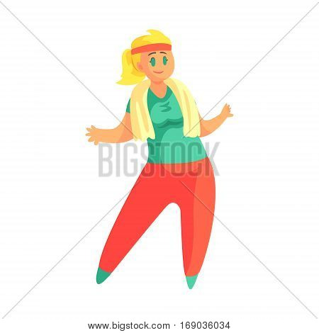 Happy Plus Size Woman In Gym Sportive Outfit Enjoying Life, Smiling Overweight Girl Cartoon Characters Flat Vector Illustration With Pleasantly Plump Cute Lady On White Background.