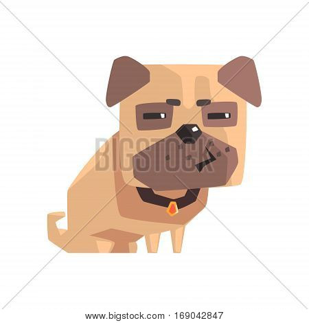 Suspicious Little Pet Pug Dog Puppy With Collar Emoji Cartoon Illustration. Stylized Geometric Vector Design.