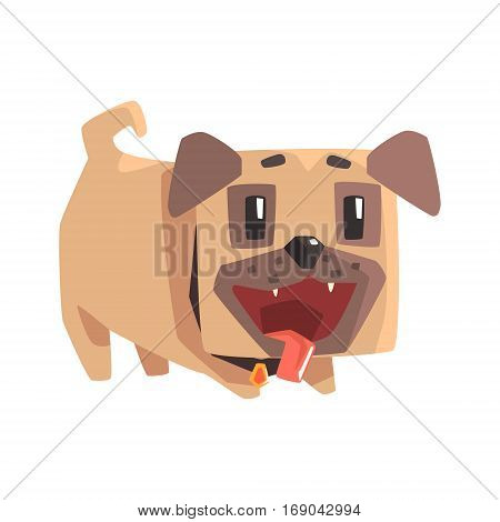 Playful Little Pet Pug Dog Puppy With Collar Emoji Cartoon Illustration.  Stylized Geometric Vector Design.