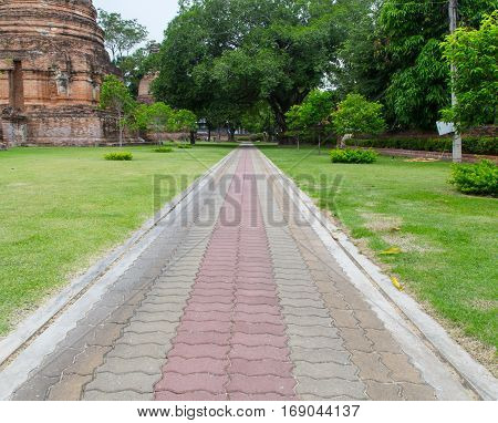 many color concrete block walkway in temple