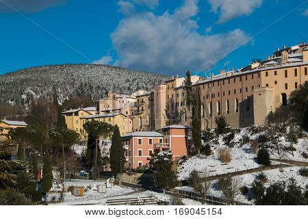 Panoramic view of Nocera Umbra with snow, Italy