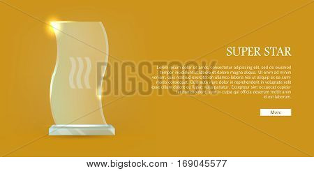 Trophy. Beautiful realistic crystal award with in wave shape. Plate basement. Three little waves in the center. Shiny. Glossy. Flat design. Vector illustration. Super star