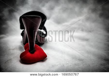 Women Shoes Stomp On Broken Heart In Dark Tone., Unrequited Love., Love Concept For Valentines Day.