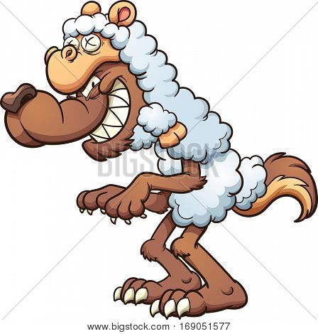 A cartoon wolf in sheep's clothing. Vector clip art illustration with simple gradients. All in a single layer. 