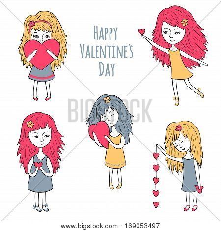 Cute girls with hearts. Cute characters for the day of the Holy Valentina. Romantic collection.