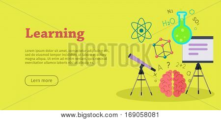 Learning banner. Scientific space medicine physics and chemistry equipment. Educational concept. Medicinal substances, preparations, devices, elements. Laboratory researches. Vector in flat style